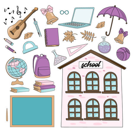 VIVAT SCHOOL Education Supplies Cartoon Vector Illustration Set for Print, Fabric and Decoration.のイラスト素材