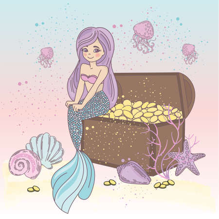 TREASURE CHEST Magic Cartoon Travel Tropical Vector Illustration Set for Print, Fabric and Decoration.のイラスト素材