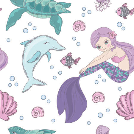 UNDERWATER WORLD Mermaid Princess Girl Underwater Tropical Sea Ocean Travel Cruise Vacation Seamless Pattern Vector Illustration for Print Fabric and Digital Paperのイラスト素材