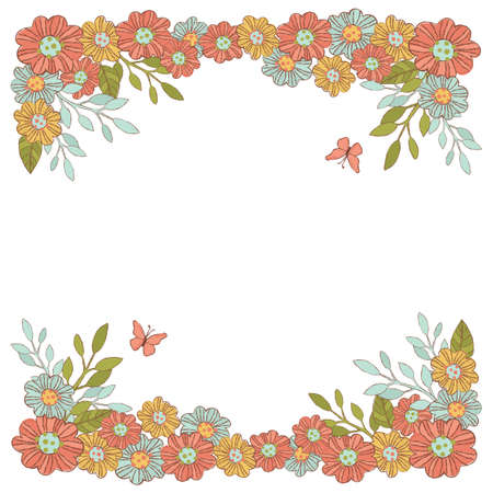 SUMMER FLOWERS Floral Decorative Frame Party Birthday Wedding Invitation Congratulation Holiday Cartoon Vector Illustration Set for Print Fabric and Decorationのイラスト素材