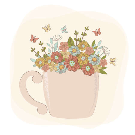 SPRING FLOWERS Birthday Party Bouquet Greeting Card Holiday Cartoon Vector Illustration Set for Print Fabric and Decorationのイラスト素材