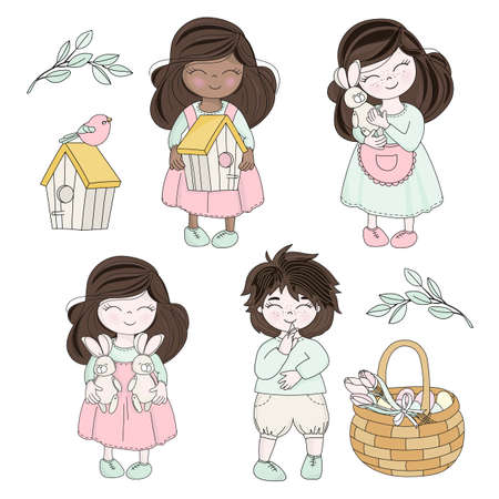 SPRING EASTER Great Religious Holy Holiday Children Characters Cartoon Vector Illustration Set for Print Fabric and Decorationのイラスト素材