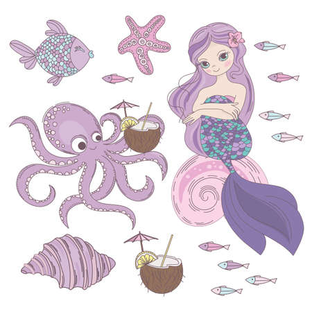 MERMAID DESSERT Underwater Princess Cartoon Ocean Summer Tropical Cruise Vacation Vector Illustration Set for Print Fabric and Decorationのイラスト素材