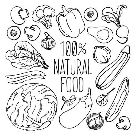 VEGETABLES MONOCHROME Vegetarian Diet Proper Nutrition Vector Illustration Set for Print Fabric and Decorationのイラスト素材