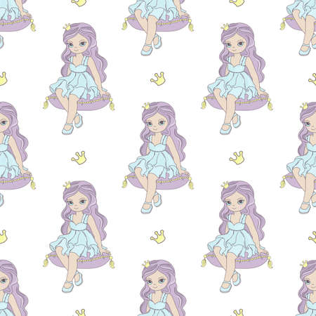 PILLOW PRINCESS Fairy Tale Magical Cartoon Seamless Pattern Vector Illustration for Print Fabric and Digital Paperのイラスト素材
