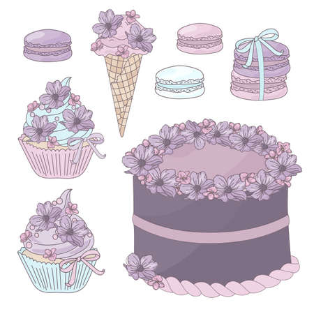 FESTIVE CAKE Sweet Floral Decorative Party Birthday Wedding Invitation Congratulation Holiday Cartoon Vector Illustration Set for Print Fabric and Decorationのイラスト素材