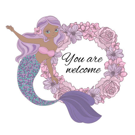 MERMAID WELCOME Floral Sea Princess Wreath Cartoon Tropical Summer Flower Wreath Vector Illustration Set for Print Fabric and Decorationのイラスト素材