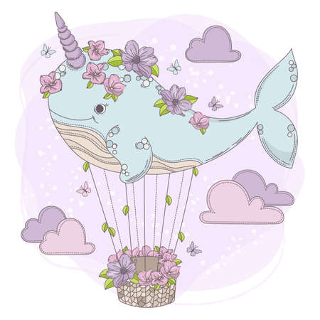 WHALE BALLOON Floral Birthday Party Unicorn Animal Cartoon Vector Illustration Set for Print Fabric and Decorationのイラスト素材
