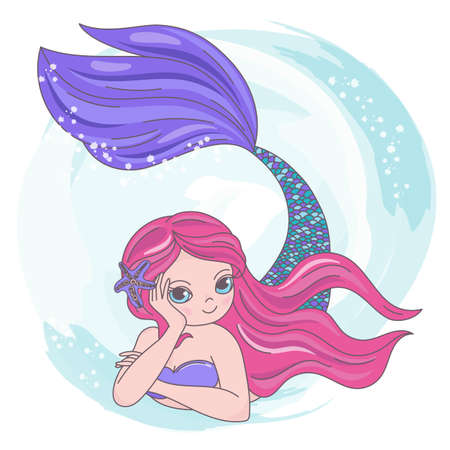 RED MERMAID Cartoon Underwater Sea Ocean Cruise Travel Tropical Vector Illustration Set for Print Fabric and Decorationのイラスト素材