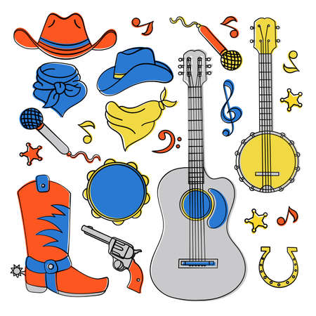 COUNTRY MUSIC BAND American Cowboy Western Festival Vector Illustration Set for Print Fabric and Decorationのイラスト素材