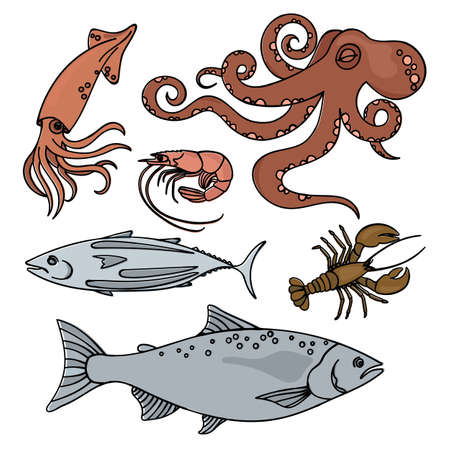 OCEAN LIFE Sea Animals Natural Healthy Seafood Keto Paleo Diet Vector Illustration Set for Print Fabric and Decorationのイラスト素材