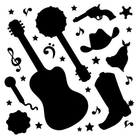 COUNTRY SHADOWS American Cowboy Western Music Festival Vector Illustration Set for Print Fabric and Decorationのイラスト素材