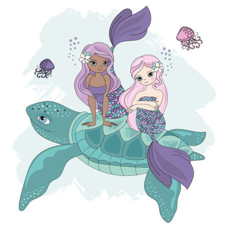 MERMAID TURTLE Cartoon Underwater Sea Ocean Cruise Travel Tropical Animal Vector Illustration Set for Print Fabric and Decorationのイラスト素材