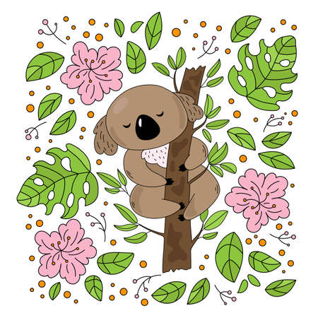 KOALA GARDEN Australian Animal Bear Cartoon Flower Fairy Tale Nature Illustration for Print Fabric and Decorationのイラスト素材