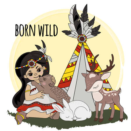 BORN WILD Pocahontas Indians Princess Animals American Native Vector Illustration Set for Print Fabric and Decorationのイラスト素材