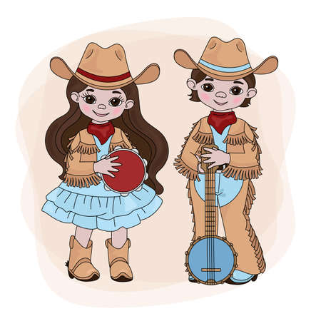 COWGIRL COWBOY Western Country Music American Festival Cartoon Vector Illustration Set for Print Fabric and Decorationのイラスト素材