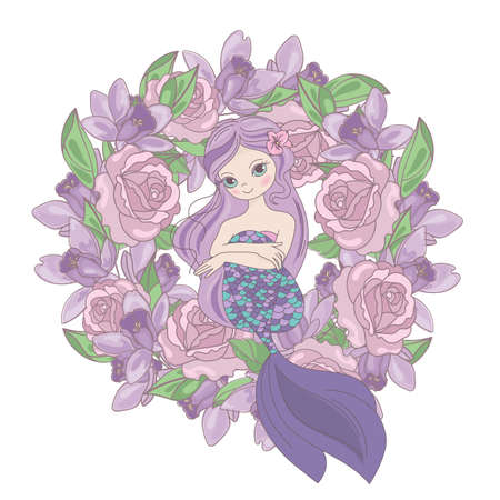 ROSE MERMAID Floral Flower Cartoon Wreath Underwater Sea Ocean Cruise Travel Tropical Holiday Wedding Illustration Set for Print Fabric and Decorationのイラスト素材