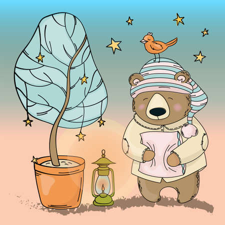 BEAR DREAM Forest Animal Good Night Fairy Tale Cartoon Illustration Set for Print Fabric and Decorationのイラスト素材