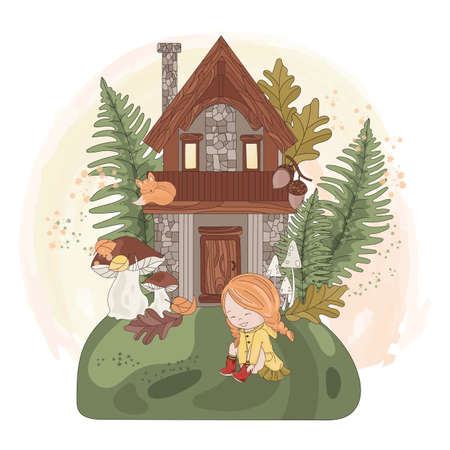 FAIRY GIRL HOUSE Autumn Fall Season Nature Animal Vector Illustration Set for Print Fabric and Designのイラスト素材