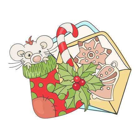 HAPPY NEW MOUSE New Year Merry Christmas Animal Cartoon Holiday Vector Illustration Set for Print Fabric and Decorationのイラスト素材