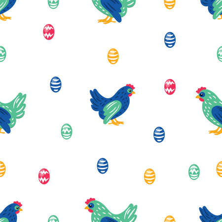 EASTER TEXTILE Holiday Chicken Bird Ethnic Spring Cartoon Seamless Pattern Vector Illustration for Print Fabric and Digital Paperのイラスト素材