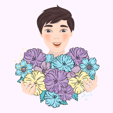 FULL OF LOVE Boy Emotion Holiday Party Gift Flower Heart Cartoon Wedding Vector Illustration Set for Print Fabric and Designのイラスト素材