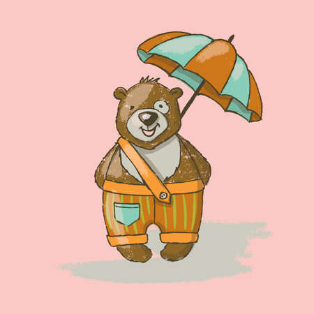 BEAR UMBRELLA Cartoon Cute Animal Hand Drawn Vector Illustration Card for Print Fabric and Decorationのイラスト素材