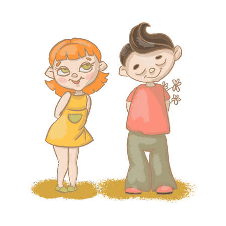 BOY GIRL LOVE Hand Drawn Cartoon Birthday Children Holiday Vector Illustration Set for Print Fabric and Designのイラスト素材