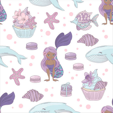 MERMAID AND WHALE Princess Girl Underwater Tropical Sea Ocean Travel Cruise Vacation Animal Seamless Pattern Vector Illustration for Print Fabric and Digital Paperのイラスト素材
