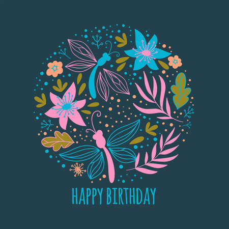 BIRTHDAY CARD Nature Folk Decor Ethnic Doodle Ornament Holiday Cartoon Vector Illustration for Print and Congratulationのイラスト素材