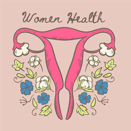 WOMENS HEALTH Organic Natural Hygiene Materials Medicine Education Human Hand Draw Vector Illustration Setのイラスト素材