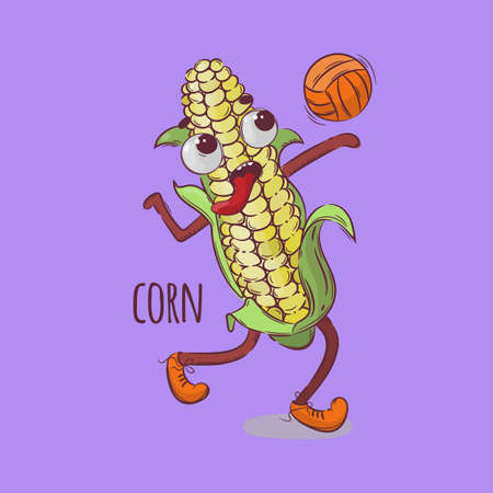 CORN VOLLEYBALL Sport Vegetable Cartoon Health Nutrition Nature Hand Drawn Vector Illustration For Printのイラスト素材