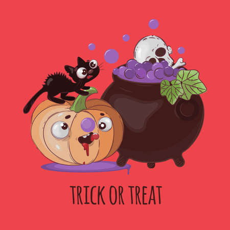 CRAZY CAT Halloween Pumpkin Animal Funny Flat Design Cartoon Hand Drawn Vector Illustration Set For Printのイラスト素材
