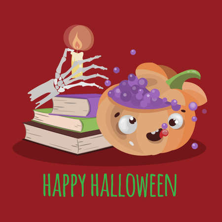 HALLOWEEN BOOKS Pumpkin Animal Funny Flat Design Cartoon Hand Drawn Vector Illustration Set For Printのイラスト素材