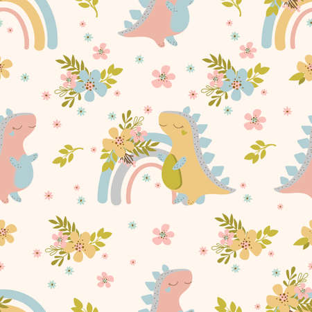 DINO DREAMS Hand Drawn Flat Design Grunge Style Cartoon Prehistoric Animal Seamless Pattern Vector Illustration For Printのイラスト素材