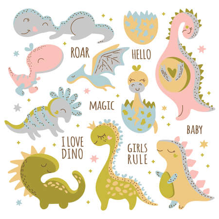 DINO CHARACTERS Birthday Flat Design Hand Drawn Cartoon Cute Animal Vector Illustration Clip Art Set For Printのイラスト素材