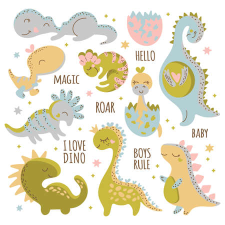 BABY DINO CHARACTERS Birthday Flat Design Hand Drawn Cartoon Cute Animal Vector Illustration Clip Art Set For Printのイラスト素材