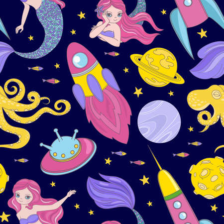 MERMAID IN UNIVERSE Cartoon Cosmos Space Sea Galactic Mermaid Princess Journey Traveling Seamless Pattern Vector Illustration For Printのイラスト素材