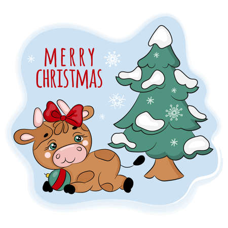 COZY BULL UNDER THE CHRISTMAS TREE Cute New Year Merry Christmas Cartoon Holiday Hand Drawn Vector Illustration Set For Printのイラスト素材