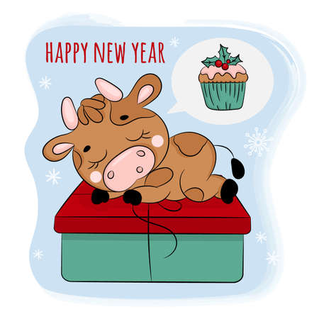 BULL 2021 DREAMS OF A CHRISTMAS PRESENT Cute New Year Merry Christmas Cartoon Holiday Hand Drawn Vector Illustration Set For Printのイラスト素材