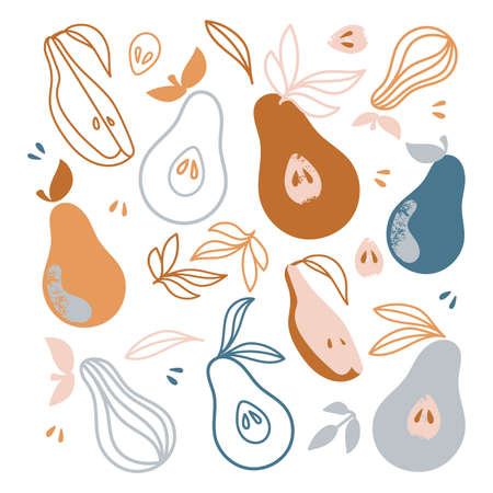 PEARS Delicious Fruit Garden Vegetable Nature Hand Drawn Flat Design Cartoon Vector Illustration For Printのイラスト素材
