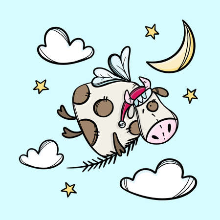COW WITH CHRISTMAS TREE BRANCH Fly In The Sky Merry Christmas Cartoon Winter Holiday Cute Animal Hand Drawn Clip Art Vector Illustration Set For Printのイラスト素材