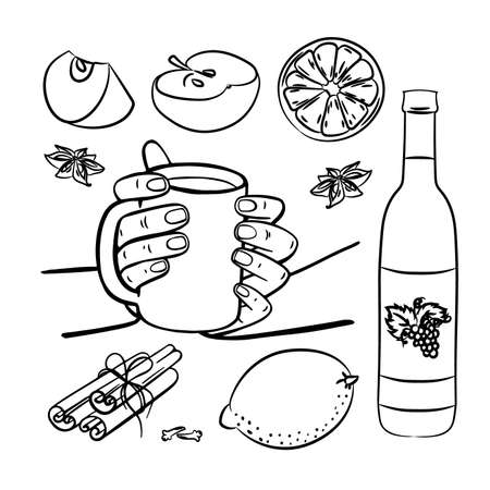 MULLED WINE SPICES AND FRUITS Merry Christmas New Year Drink Dessert Beverage Monochrome Clip Art Vector Illustration Set For Printのイラスト素材