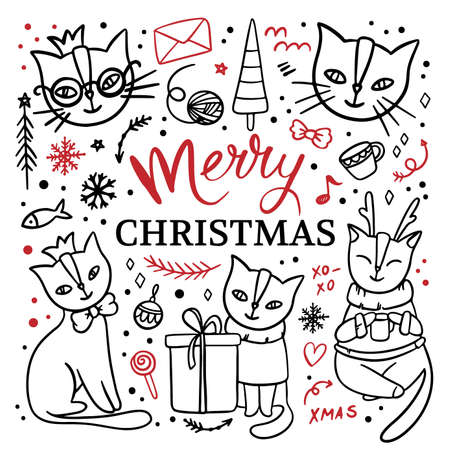 SITTING CATS Hand Drawn Children Sketch Merry Christmas New Year Cartoon Animal Black Red Clip Art Handwriting Text Vector Illustration Set For Printのイラスト素材