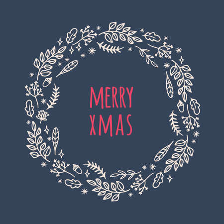 ABSTRACT HYGGE WREATH Seasonal Floral New Year Bouquet Branches And Leaves On A Dark Blue Background With Handwriting Text Vector Illustration For Printのイラスト素材
