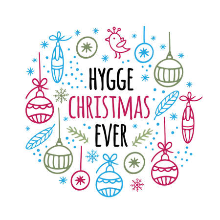 HYGGE CHRISTMAS Decoration Seasonal Greeting Card New Year Winter Holiday With Handwriting Text Hand Drawn Cartoon Clip Art Vector Illustration For Printのイラスト素材