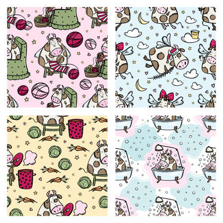 NEW YEAR COW PATTERN SET Christmas Bulls Winter Holiday Hand Drawn Hygge Cartoon Four Seamless Backgrounds Vector Illustration Collection For Printのイラスト素材