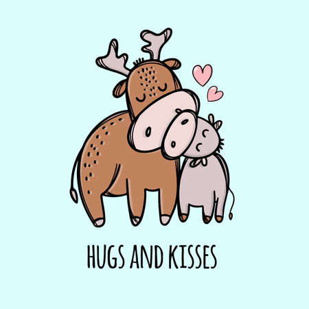 DEER HUG HIS SON Father Day Holiday Parental Relationship Cute Animals Friend To Friend Handwriting Text Hand Drawn Clip Art Vector Illustration Set For Printのイラスト素材
