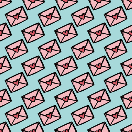 LOVE MAIL Floral Sketch With Letters On Aqua Wave Background Hand Drawn For Holiday Decoration Cartoon Seamless Pattern Vector Illustration For Textile Printのイラスト素材
