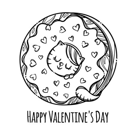 CAT VALENTINE DONUT Cute Kitten Stuck His Head In Donut Sweet Holiday Cartoon Monochrome Hand Drawn With Handwriting Text Clip Art Vector Illustration For Printのイラスト素材